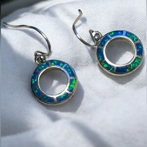 Stunning Blue Opal Inlay 925 Sterling Silver Circle Drop Earrings